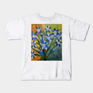 blue flowers paint on a Bush set against a colorblock background. . Kids T-Shirt